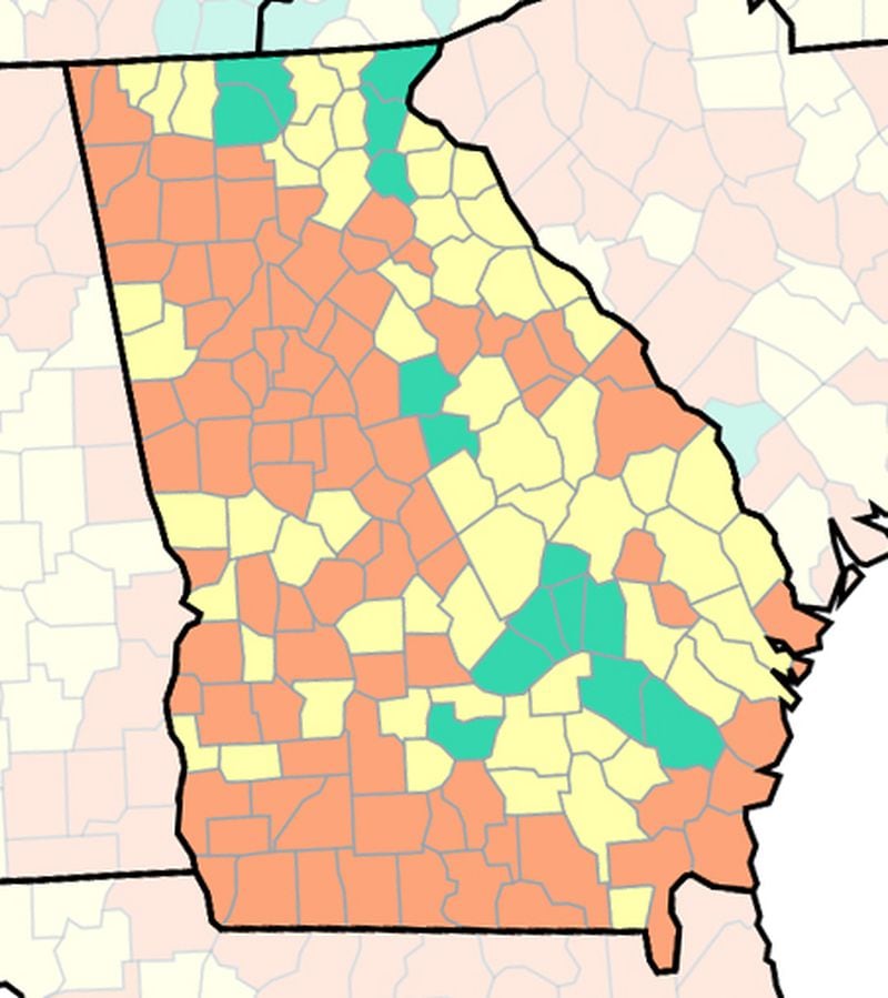 JULY 14, 2022: Georgia's COVID-19 community levels for July 14, 2022, as calculated by the Centers for Disease Control and Prevention. The community levels (green = low; yellow = medium; orange = high) are calculated using three metrics: new COVID hospitalizations per 100,000 people, current hospitalizations and new COVID infections. (CDC)