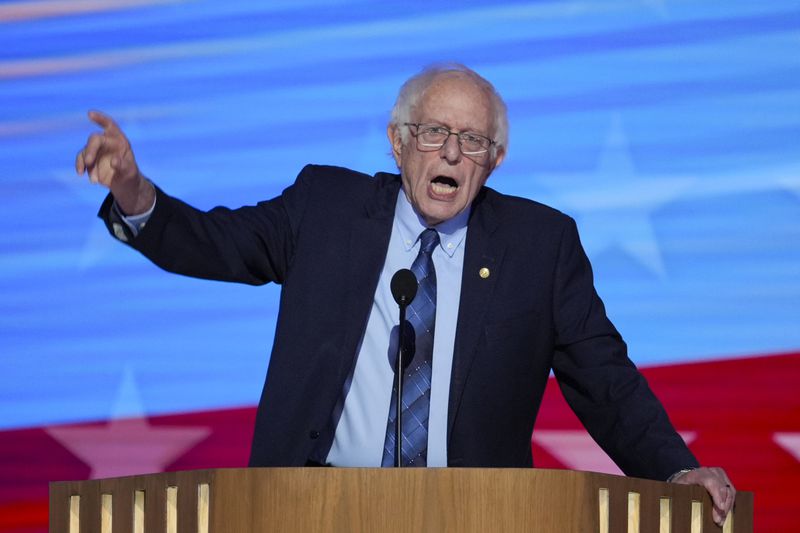 Sen. Bernie Sanders, I-VT., speaking during the Democratic National Convention Tuesday, Aug. 20, 2024, in Chicago. (AP Photo/J. Scott Applewhite)