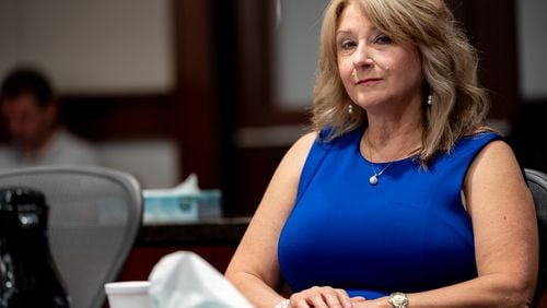 Plaintiff Alicia Adams sits in Cobb Superior Court on Thursday, June 20, 2024, regarding her candidate disqualification lawsuit. On July 25, the judge ruled that the county's map is unconstitutional and the primary elections must be redone to allow her to qualify and run for office. (Ben Hendren for the Atlanta Journal-Constitution)