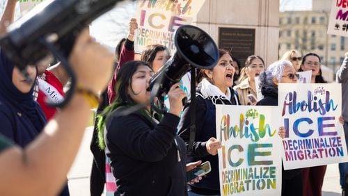 Advocacy groups representing the Latino and Muslim community protested against several bills, including House Bill 1105, outside the Capitol in Atlanta on Wednesday, March 13, 2024. HB 1105 would require local sheriffs to work with ICE when someone in custody is discovered to be in the country illegally. (Arvin Temkar / arvin.temkar@ajc.com)