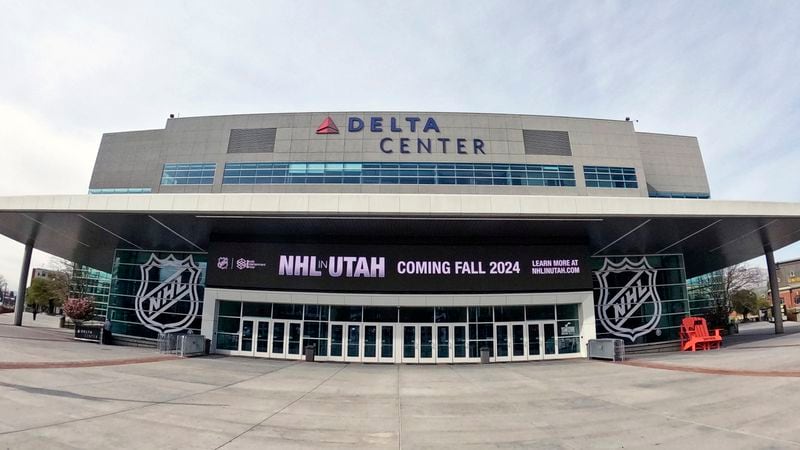 FILE - Signs celebrating the awarding of a new NHL team to Utah are shown at the Delta Center Friday, April 19, 2024, in Salt Lake City. (AP Photo/Rick Bowmer, File)