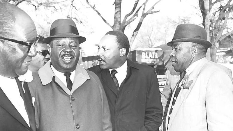 From left, William P. Randall, Ralph David Abernathy, Rev. Martin Luther King Jr. and an unidentified man during King’s visit to Macon on March 23, 1968, to speak at New Zion Baptist Church. (File photo via Macon Telegraph)