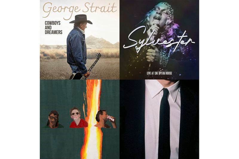 This combination of album cover images shows, clockwise from top left, "Cowboys and Dreamers" by George Strait, “Live At The Opera House” by Sylvester, “What’s Wrong With New York?” by The Dare, and "Morning Fireworks" by MJ Lenderman. (MCA Nashville/Craft Recordings-Concord/Republic Records/ANTI- via AP)