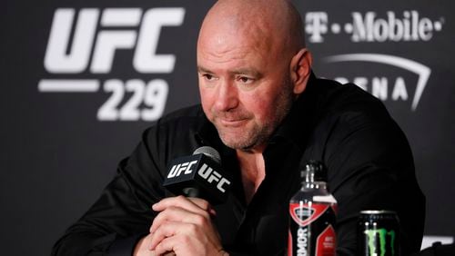 FILE - Dana White, president of UFC, speaks at a news conference after the UFC 229 mixed martial arts event in Las Vegas, on Oct. 6, 2018. (AP Photo/John Locher, File)