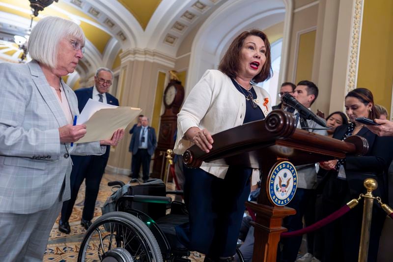 Sen. Patty Murray, D-Wash., left, and Sen. Tammy Duckworth, D-Ill., speak to reporters about a vote to protect rights for access to in vitro fertilization to achieve pregnancy, at the Capitol in Washington, Wednesday, June 12, 2024. (AP Photo/J. Scott Applewhite)