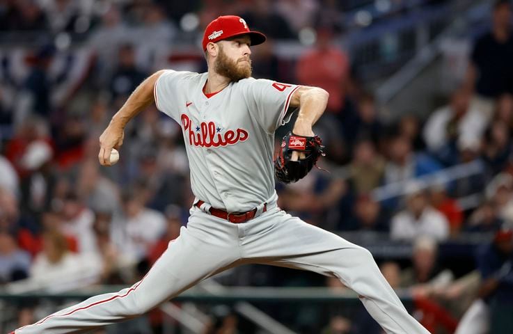 Philadelphia Phillies starting pitcher Zack Wheeler (45) delivers to the Braves during the first inning of game two of the National League Division Series baseball game between the Braves and the Phillies at Truist Park in Atlanta on Wednesday, October 12, 2022. (Jason Getz / Jason.Getz@ajc.com)