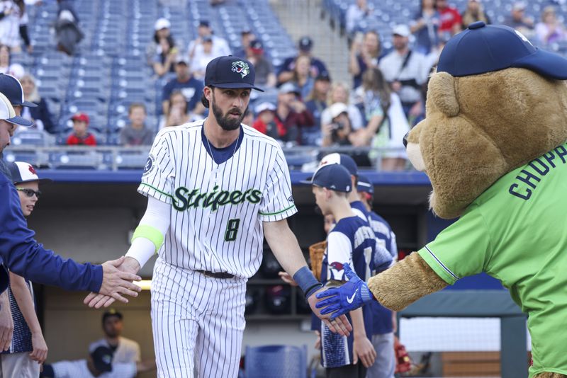 Gwinnett Stripers second baseman Braden Shewmake (8) is introduced before the game against the Jacksonville Jumbo Shrimp for the Stripers season opener at Coolray Field, Friday, March 31, 2023, in Lawrenceville, Ga. Jason Getz / Jason.Getz@ajc.com)
