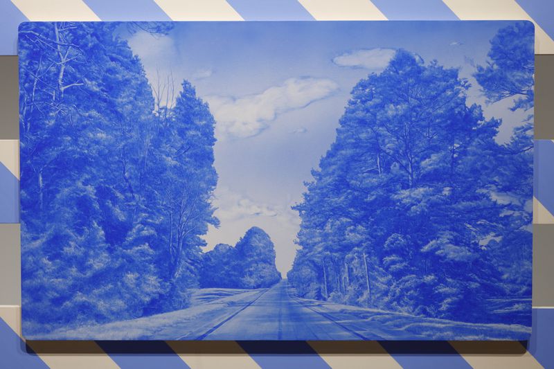 "248 Miles (Full Barricade)" (2024) is one of Namwon Choi's paintings that mimic cyanotypes, one of the earliest forms of 19th century photography. (Photo by Mike Jensen)