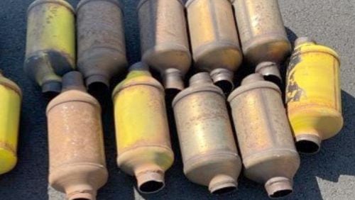 An East Point man attempted to steal these catalytic converters from delivery trucks, according to the Forsyth County Sheriff's Office.