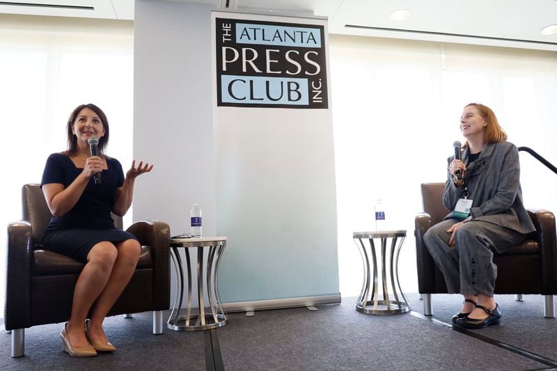 Mandy K. Cohen, Director of the CDC, answers questions from science and health writer of CNN, Brenda Goodman, during The Atlanta Press Club 2023 Leadership Newsmaker Series at the Commerce Club on Wednesday, Sep. 6, 2023, in Atlanta.
Miguel Martinez /miguel.martinezjimenez@ajc.com