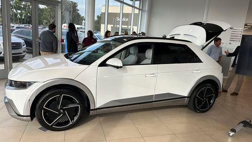 FILE - The 2025 model Hyundai Ioniq 5 electric SUV is seen Tuesday, Sept. 3, 2024, after being unveiled at an auto dealership in Savannah, Ga. (AP Photo/Russ Bynum, File)