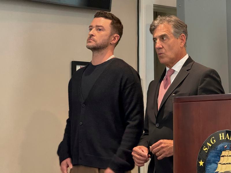 Justin Timberlake, left, appears in court with his attorney Edward Burke, Friday, Sept. 13, 2024, in Sag Harbor, N.Y. (T E McMorrow/Pool Photo via AP )