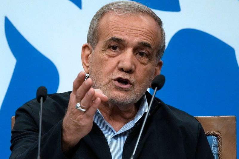 Iranian President Masoud Pezeshkian speaks during a press conference in Tehran, Iran, Monday, Sept. 16, 2024. (AP Photo/Vahid Salemi)