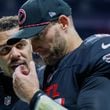 Atlanta Falcons quarterback Kirk Cousins (18) walks with Atlanta Falcons safety Justin Simmons (31) after their team lost 22-17 against the Kansas City Chiefs on Sunday, Sept. 22, 2024, at Mercedes-Benz Stadium in Atlanta. (Miguel Martinez/ AJC)