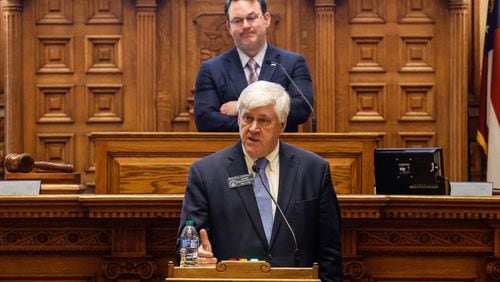 Sen. Bill Cowsert, R- Athens, speaks in favor of House Bill 1339 at the Georgia State Capitol on Thursday, March 14, 2024. The bill would would roll back regulations to build new hospitals in counties with fewer than 50,000 people.  (Natrice Miller/ Natrice.miller@ajc.com)