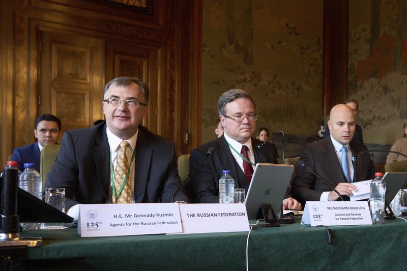 The Russian delegation at the start of PCA Case between Ukraine and the Russian Federation in the Netherlands, Monday, Sept. 23, 2024. (AP Photo/Phil Nijhuis)