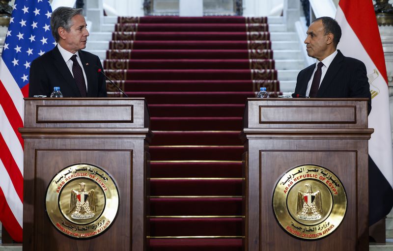 U.S. Secretary of State Antony Blinken, left, and Egypt's Foreign Minister Badr Abdelatty attend a joint press conference in Tahrir Palace in Cairo, Egypt Wednesday, Sept. 18, 2024. (Evelyn Hockstein/Pool Photo via AP)