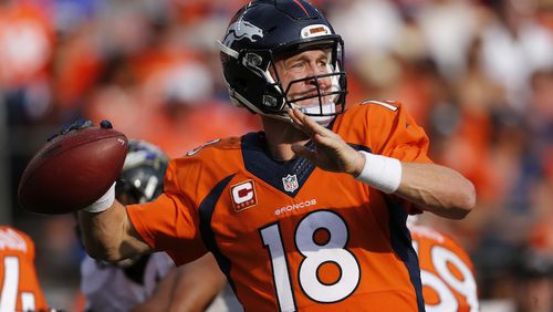 Denver Broncos quarterback Peyton Manning throws against the Baltimore Ravens during an NFL football game between the Denver Broncos and the Baltimore Ravens Sunday, Sept. 13, 2015, in Denver. Denver beat Baltimore 19-13. (AP Photo/Jack Dempsey)