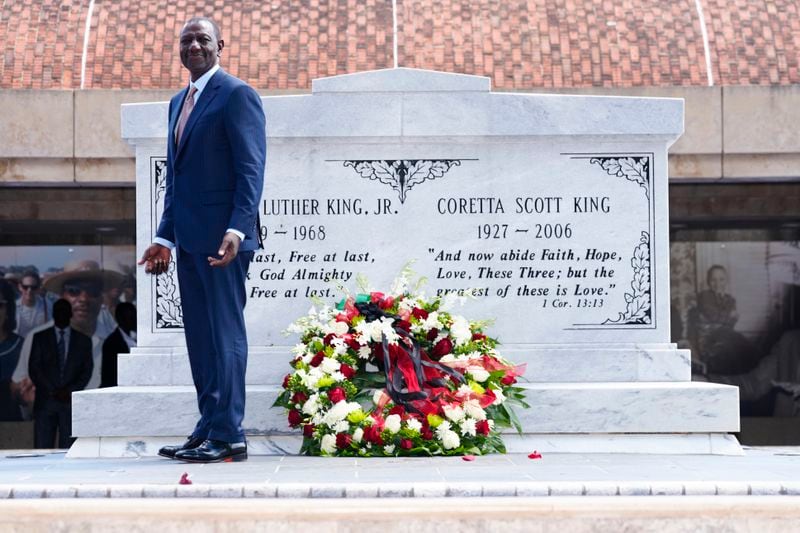 Kenya President William Ruto laid wreaths at the tombs of Martin Luther King Jr., and Coretta Scott King during a visit to Atlanta on Monday. He will meet with President Joe Biden at the White House today.