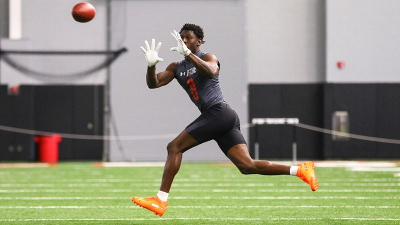 Georgia wide receiver Riley Ridley takes part in a catching drill during Georgia's Pro Day Wednesday, March 20, 2019, in Athens.