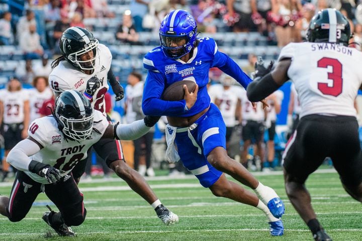 Georgia State's Gavin Pringle runs against Troy on Saturday, Sept. 30, 2023 (Jamie Spaar for the Atlanta Journal Constitution)