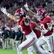 Alabama defensive back Zabien Brown (2) celebrates his game-clinching interception with Alabama defensive back Malachi Moore (13) during the second half of an NCAA college football game against Georgia, Saturday, Sept. 28, 2024, in Tuscaloosa, Ala. (AP Photo/Vasha Hunt)