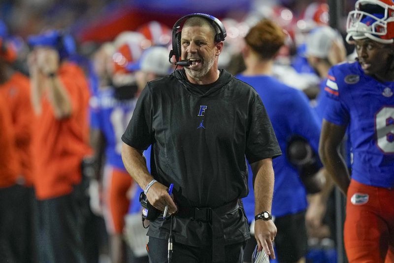 Florida head coach Billy Napier paces the sideline during the second half of an NCAA college football game against Samford, Saturday, Sept. 7, 2024, in Gainesville, Fla. (AP Photo/John Raoux)