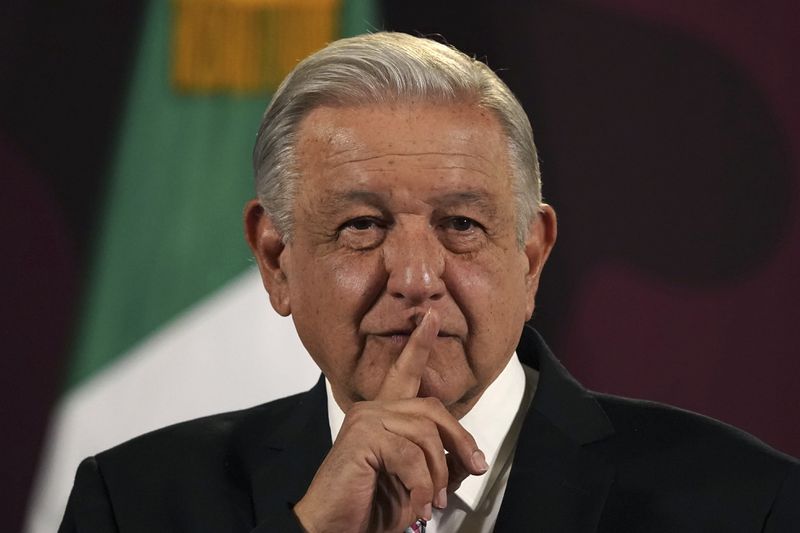 FILE - Mexican President Andres Manuel Lopez Obrador pauses during his daily, morning press conference at the National Palace in Mexico City, March 1, 2024. (AP Photo/Marco Ugarte, File)