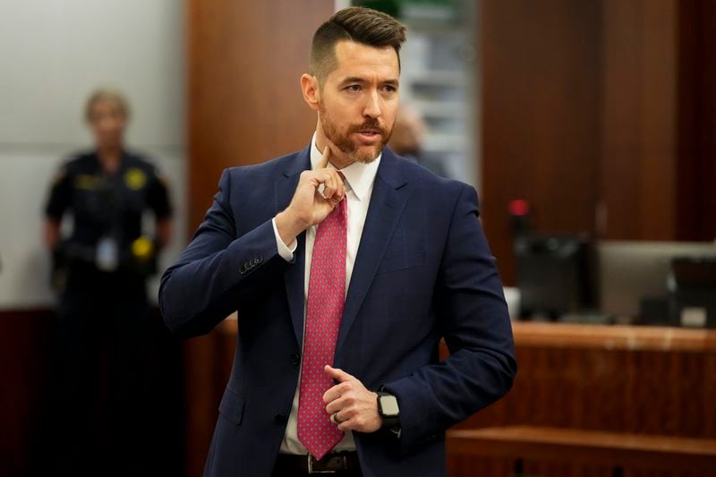 Prosecutors Keaton Forcht tells the jury that retired Houston Police Department officer Gerald Goines was one of four police officers that were shot during the Harding Street Raid as during his opening statement of the murder trial of Goines, Monday, Sept. 9, 2024, at Harris County Criminal Courthouse in Houston. Goines was on trial for two felony murder charges in the January 2019 deaths of Dennis Tuttle and Rhogena Nicholas. (Yi-Chin Lee/Houston Chronicle via AP)