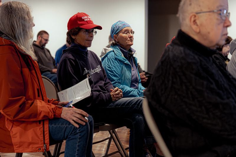 Terry Capsay wears a “Make America Great Again” cap as she and other residents listen to a presentation by the voter education group Keep Our Republic in Woodruff, Wis., on Thursday, June 6, 2024. (Photo by Donovan Johnson/News21)