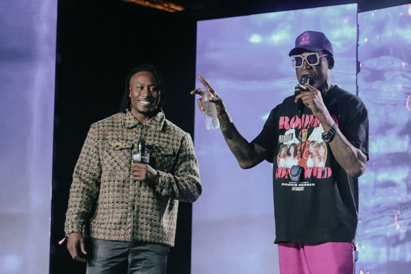 Basketball legend Dennis Rodman (right) spoke with Brandon Marshall in 2022 during Revolt Summit, the previous incarnation of Revolt World. Photo: Courtesy of Revolt