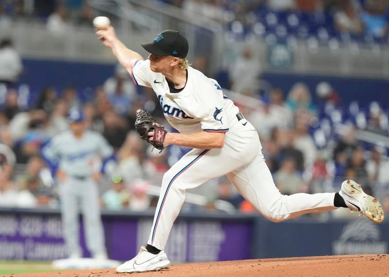 Miami Marlins starting pitcher Darren McCaughan aims a pitch during the first inning of a baseball game against the Los Angeles Dodgers, Tuesday, Sept. 17, 2024, in Miami. (AP Photo/Marta Lavandier)