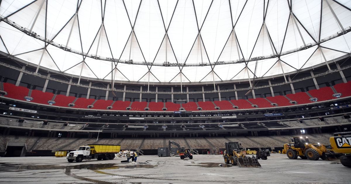 Georgia Dome debris beneath green space at Mercedes-Benz Stadium