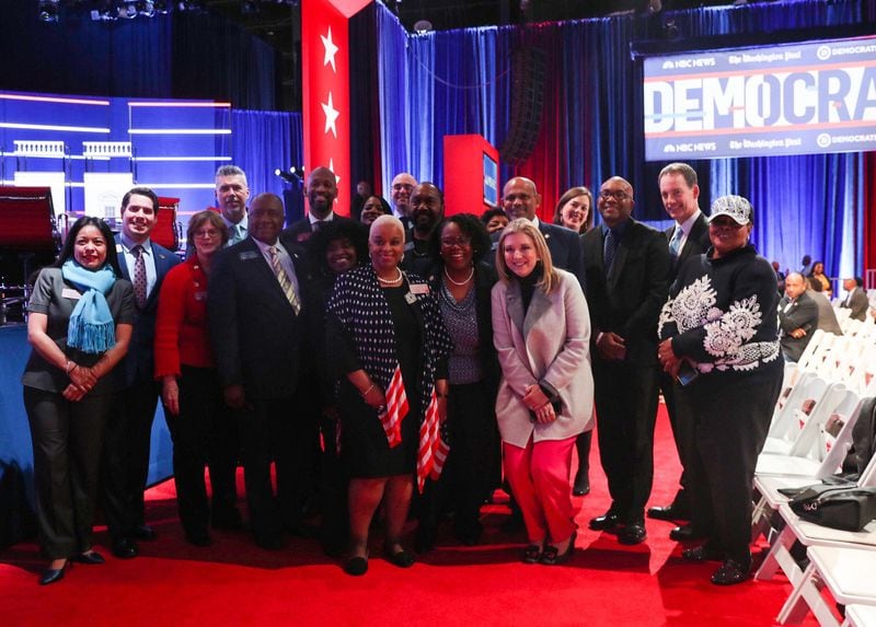 Georgia Democrat lawmakers take a photo inside the Oprah Winfrey Soundstage before the start of the fifth presidential debate. Photo by Alyssa Pointer.