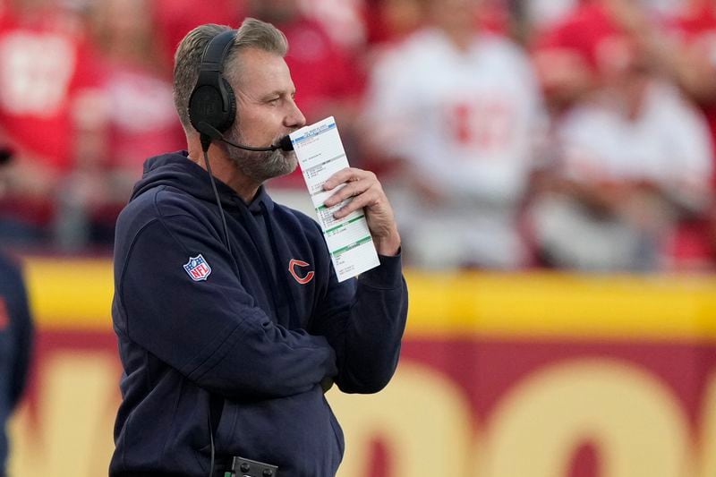 Chicago Bears head coach Matt Eberflus watches from the sidelines during the first half of an NFL preseason football game against the Kansas City Chiefs Thursday, Aug. 22, 2024, in Kansas City, Mo. (AP Photo/Charlie Riedel)