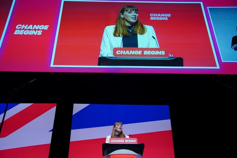 Britain's Deputy Prime Minister Angela Rayner speaks at the Labour Party Conference in Liverpool, England, Sunday Sept. 22, 2024. (Peter Byrne/PA via AP)