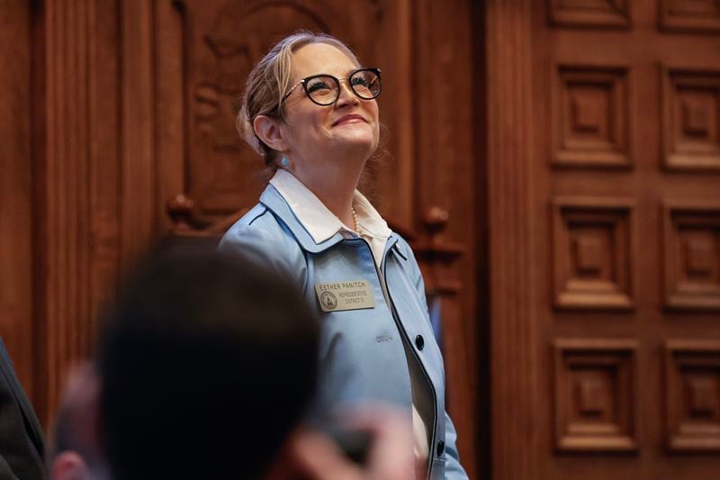 Rep. Esther Panitch, D-Sandy Springs, smiles after a bill targeting antisemitism passed in the state Senate on Thursday. The House then voted to approve the bill, which now awaits Gov. Brian Kemp's signature. (Natrice Miller/Natrice.miller@ajc.com)