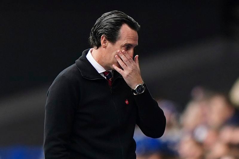 Aston Villa manager Unai Emery during the British Premier League soccer match between Ipswich Town and Aston Villa at Portman Road, Ipswich, England, Sunday Sept. 29, 2024. (Zac Goodwin/PA via AP)