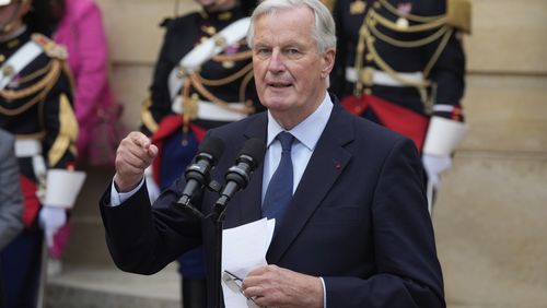 New French prime minister Michel Barnier delivers a speech during the handover ceremony, Thursday, Sept. 5, 2024 in Paris. President Emmanuel Macron has named EU's Brexit negotiator Michel Barnier as France's new prime minister after more than 50 days of caretaker government. (AP Photo/Michel Euler)