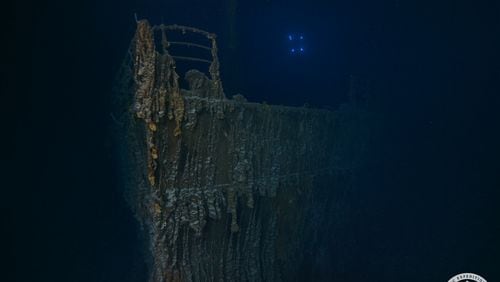 This is a photograph of the bow of the sunken Titanic that was taken during a July 2024 expedition. The image revealed significant decay from prior expeditions.