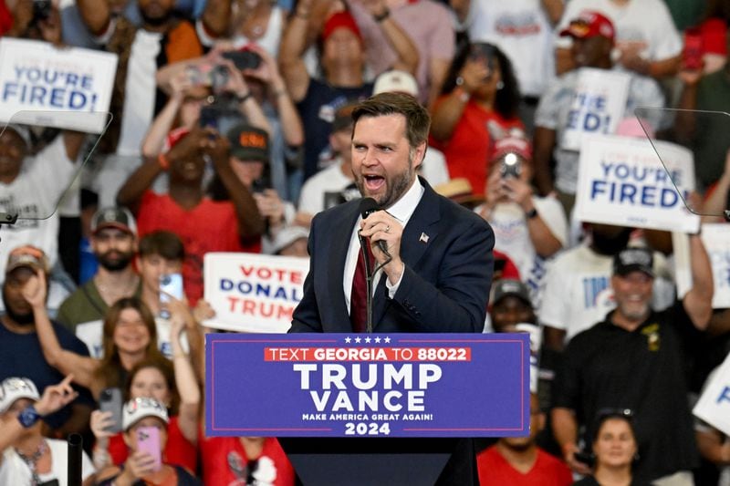 Republican vice presidential candidate JD Vance speaks during a rally Saturday at the Georgia State University Convocation Center. Vance's Democratic counterpart in the race, Minnesota Gov. Tim Walz, was named Tuesday. Walz has gained attention for using cable TV appearances to frame former President Donald Trump and other Republicans, including Vance, as “weird,” giving Democrats an avenue to cast them as out of touch. (Hyosub Shin / AJC)