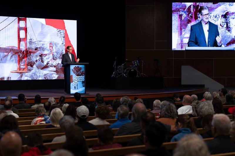 Pastor John Miller gives opening remarks at a Comeback California Tour event at Revival Fellowship, Saturday, Sept. 21, 2024, in Menifee, Calif. (AP Photo/Zoë Meyers)