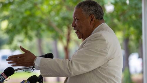 Fulton County Board Chairman Robb Pitts speaks during the Community Organized Relief Effort (CORE) and Fulton County partnership new conference in Alpharetta on Aug. 14, 2020. (ALYSSA POINTER / ALYSSA.POINTER@AJC.COM)