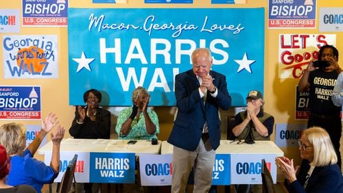 Minnesota Gov. Tim Walz, the running mate of Vice President Kamala Harris, speaks to supporters at a Democratic campaign office in Macon on Tuesday, September 17, 2024. (Arvin Temkar / AJC)