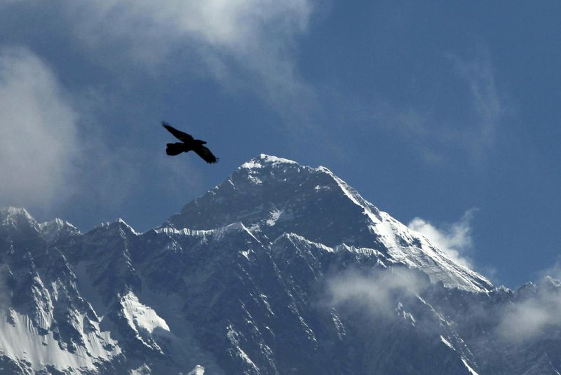 FILE - In this Monday, May 27, 2019, file photo, a Bird flies in the backdrop of Mount Everest, as seen from Namche Bajar, Solukhumbu district, Nepal. A Kenyan climber attempting to scale the world’s highest mountain has been found dead near the summit. A government official based at the base camp of Mount Everest says the body of Cheruiyot Kirui was found on the mountain. It was unclear when the body would be recovered because it would be difficult to carry at that altitude due to the low oxygen level. (AP Photo/Niranjan Shrestha, File)