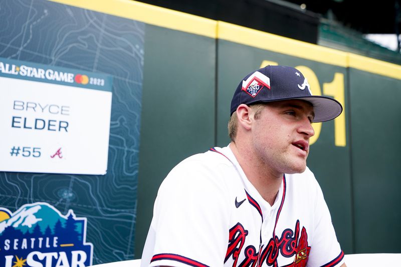 National League's Bryce Elder, of the Atlanta Braves, speaks during an All-Star Game player availability, Monday, July 10, 2023, in Seattle. (AP Photo/Lindsey Wasson)