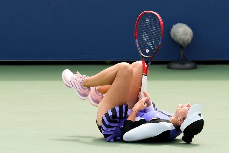 Elena-Gabriela Ruse, of Romania, reacts after defeating Barbora Krejcikova, of the Czech Republic, during the second round of the U.S. Open tennis championships, Wednesday, Aug. 28, 2024, in New York. (AP Photo/Kirsty Wigglesworth)