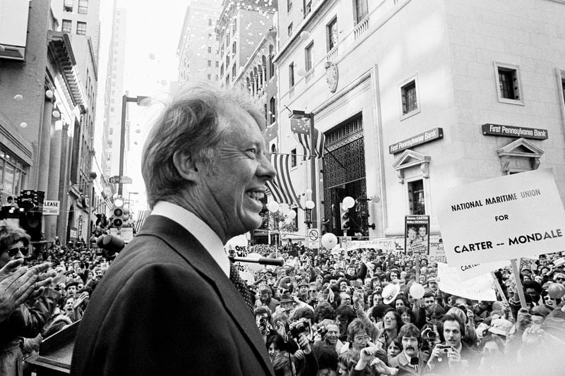 FILE - An estimated crowd of 35,000 people gather for a noontime speech by Presidential candidate Jimmy Carter in downtown Philadelphia, Oct. 29, 1976. (AP Photo, File)