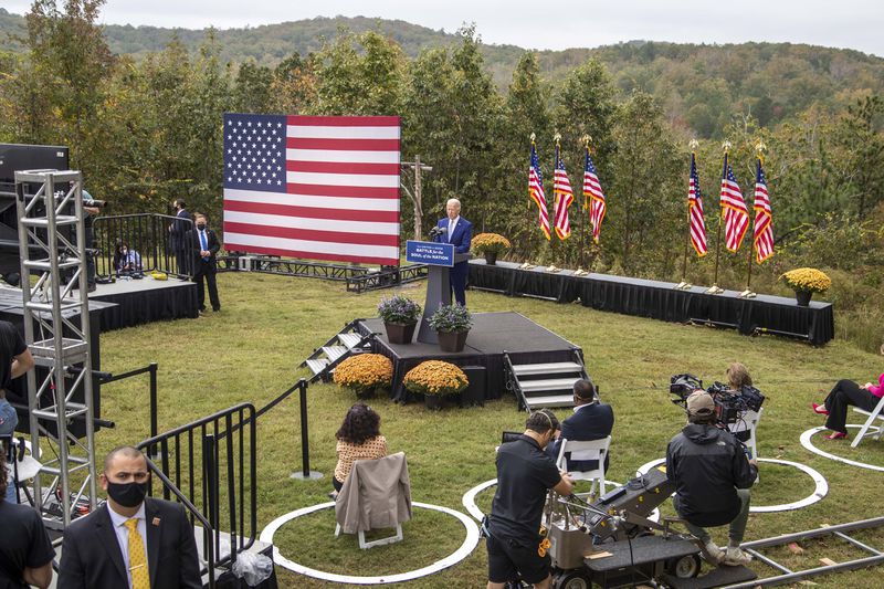 Democratic presidential nominee Joe Biden speaks during a rally in Warm Springs. Biden stressed the need for bipartisanship while also using the town's legacy of therapy to offer hope of recovery from the COVID-19 pandemic. “I’m running as a proud Democrat, but I’ll govern as an American,” he said, adding: “This place, Warm Springs, is a reminder that, though broken, each of us can be healed, that as a people and a country, we can overcome this devastating virus.” (Alyssa Pointer / Alyssa.Pointer@ajc.com)