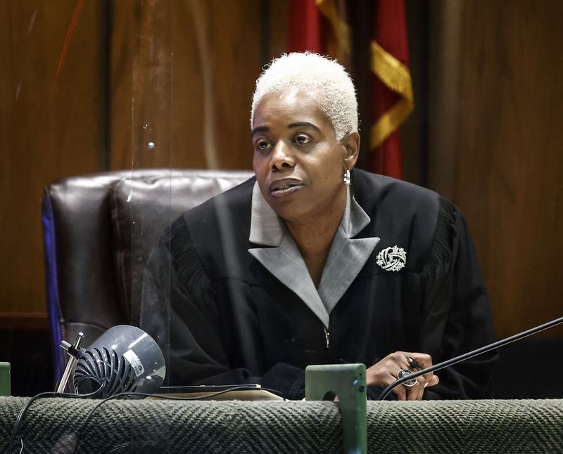 Shelby County Judge Jennifer Mitchell speaks to defendant Justin Johnson, after he was found guilty of murder in the death of Memphis rapper Young Dolph, in court in Memphis, Tenn., Thursday, Sept. 26, 2024. (Mark Weber/Daily Memphian via AP, Pool)